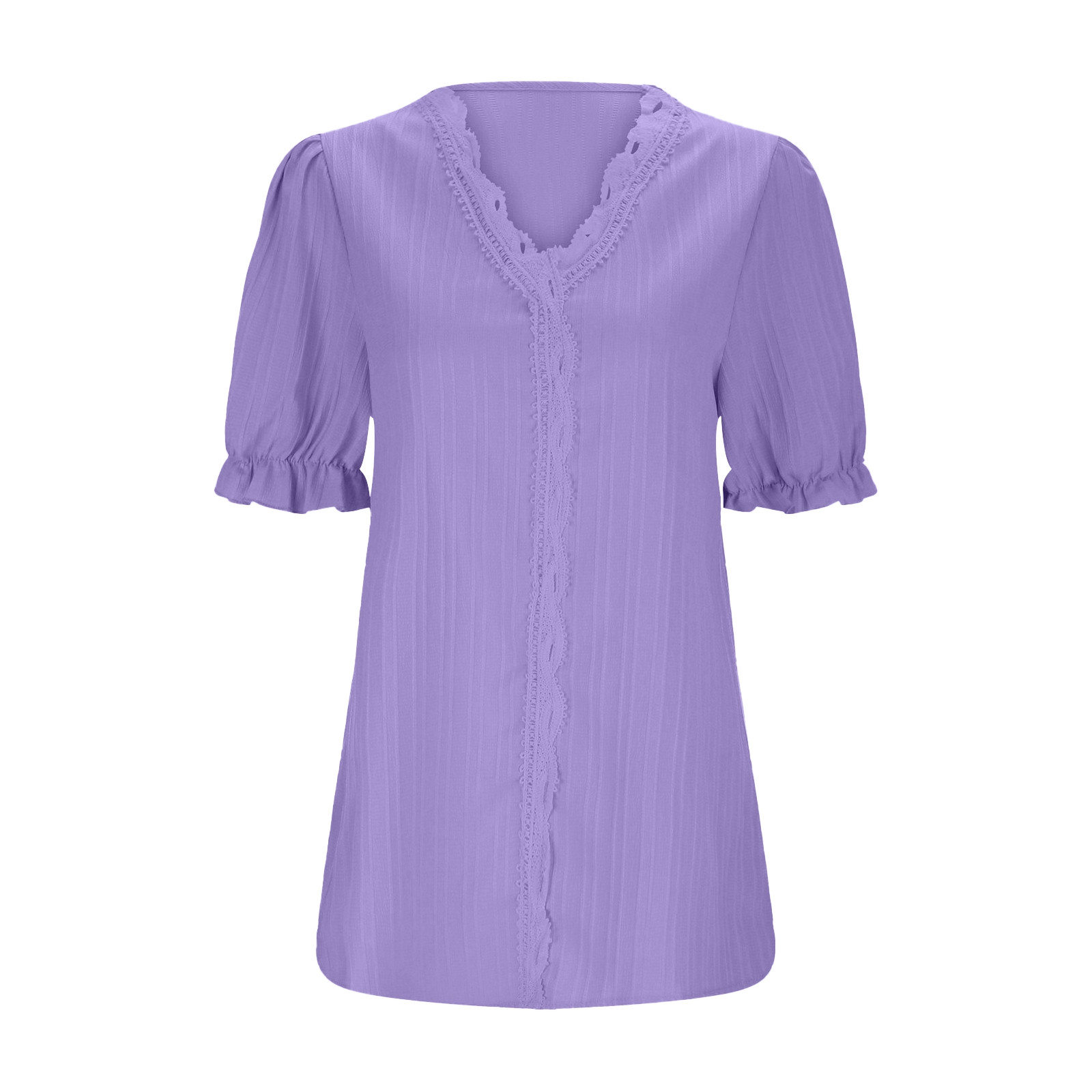 thumbnail image 4 of Blusa elegante lisa de verano con cuello en V y encaje para mujer - Camiseta cómoda de manga corta en color liso, 4 of 5